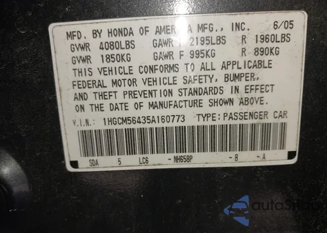 2005 Honda Accord 2.4 Lx from USA, damaged, VIN 1HGCM56435A160773